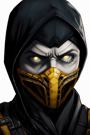 4K UHD illustration,  upscaled professional drawing HDR,  close-up portrait (:1.9) scorpion from Mortal Kombat (:1.9) intense white eyes (:1.9) looking-into-camera, tight black hooded costume, detailed yellow Mortal Kombat themed ninja mask (:1.8) blank background (:1.7) 300dpi, upscaled 8K,  masterpiece (:1.9) ,Scorpion (mortal kombat)