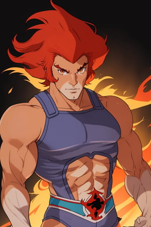 4K UHD illustration,  upscaled professional drawing HDR, stern looking athletic built male (:1.9) male focus, intense amber eyes, eyebrows visible through hair,  iridescent long red hair (:1.9) looking-into-camera, muscular male arms (:1.9) perfect anatomy (:1.7)  view from front, blank background (:1.9) form fitting black matte bodysuit, full_body , 300dpi,  upscaled 8K,  masterpiece (:1.9) centered sharp-focus,  ,Lion-oQuiron character