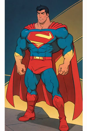 4K UHD illustration,  upscaled professional drawing HDR,  athletic built male,  full_body image,  standing,  hands on hips, looking_at_the_viewer,  intense red glowimg eyes (:1.9) handsome male focus,  unshaven,  slicked_back_hair, stern expression with gritted teeth,  detailed superman costume,  red flowing cape, red boots with yellow trim,  detailed stylized superman logo on chest, detailed muscular arms,  centered,  dynamic,  detailed,  upscaled,  masterpiece,  300dpi,  dynamic background ,1male