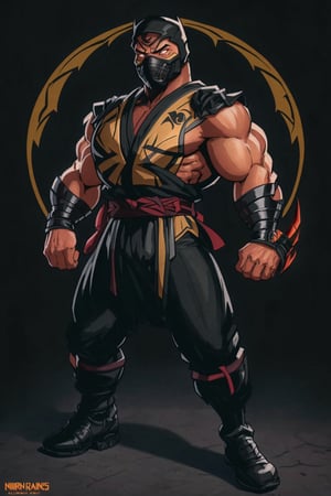 4K UHD illustration, upscaled professional drawing HDR,  athletic built male,  full_body image,  standing,  male focus,  detailed muscular arms, arms crossed (:1.8) form fitting black bodysuit (:1.8) under black ninja costume, large detailed black leather belt (:1.9),  tight black pants,  black boots (:1.8) steel shin and wrist pads, looking-into-camera,  intense dark shadow around eyes glowing, detailed black skull ninja mask,  eyebrows, perfect anatomy,  dynamic background,  sharp focus,  illustration,  centered,  masterpiece (:1.9) vibrant, mortal kombat logo in background ,ARTSTYLE_AlexRoss_ComicArt_ownwaifu,zscrp,female,(1man)