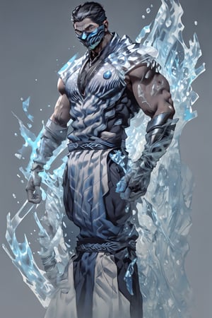 4K UHD illustration, upscaled professional drawing HDR, handsome man, pectoral focus, real life, full-body_portrait, perfect anatomy,  form fitting tight black bodysuit under blue mortal kombat ninja costume (:1.9) black hood, intense white eyes, stern expression, detailed muscular male arms, male focus, mortal kombat themed (blue) ninja mask (:1.9) blue loincloth over black pants, battle pose, 300dpi,  upscaled 8K, masterpiece, finest quality art,  blank background, focus on blue ninja costume, subzero from Mortal Kombat, ,zxsmk, grey skin tone,zbzr,ice_sculpture,ic34rmor