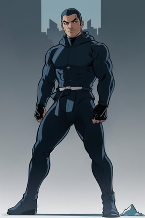 4K UHD illustration,  upscaled professional drawing HDR,  GTA themed picture, athletic built male ninja, detailed muscular arms, full-body_portrait,  looking-into-camera, intense blue eyes, eyebrows, full length form fitting black hooded bodysuit under plain blue ninja costume (:1.9) detailed black and blue wrist pads and shin (:1.9) detailed blue belt, blue loincloth (:1.7), black pants, black shoes, swirling ice surrounding body emanating from fingertips (:1.8) detailed  abandoned dojo, dynamic vibrant background, snarp focus,  centered,  300dpi,  masterpiece (:1.8) upscaled ,GAME_GTA6_TrailerGirl_ownwaifu,gtasa2004, cartoon of,zrpt,mkscorpion,zbzr,zxsmk