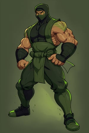4K UHD illustration,  upscaled professional drawing HDR, vintage style classic ninja,  form fitting tight bodysuit under green ninja costume,  full body image,  detailed muscular arms,  green sash amd loincloth (:1.9) green ninja mask (:1.8) intense yellow eyes,  green skin tone with scales (:1.9) black and green wrist and shin pads (:1.9)   black pants (:1.9) black shoes, clawed fingers (:1.8)  battle stance, blank background,  swirling bioluminescent green slim surrounding body emanating from fingertips (:1.9) 300dpi,  upscaled,  masterpiece (:1.8) centered,  vibrant,  sharp focus 
(1man),zrpt