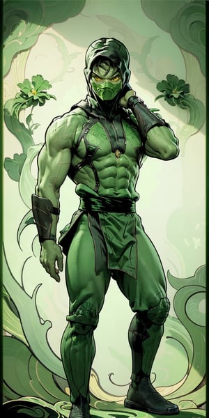 male focus  (:1.9) detialed, muscular build,  4K, ultra-detailed,  HDR, 8K HDR,  masterpiece (:1.9) 300dpi, slime green skin tone, athletic built male, form fitting tight black bodysuit under green (snake skin) ninja costume,  green sash and loincloth over black pants, mismatched green and silver wrist and shin pads (:1.9) black hood (:1.7) intense yellow eyes (:1.9) finest quality art (:1.9) detailed green mortal Kombat ninja mask (:1.9) full-body_portrait,  detailed muscular arms, perfect anatomy (:1.9) , high_res, solo, 8k, abs, csr style, Styles Pose,
,zrpt,green skin