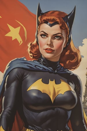 Soviet communist retro painted poster with batGirl (BatGirl from DC comics) curly red hair :1.4), (Hooker, streetwalker, prostitute, AA-cup breasts), (soviet poster art), (masterpiece), (Perfect illumination), (detailed face), (18yo beautiful girl), (detail hair), (tiny tits:1.4), (ultra-detailed costume), ((ultra-detailed eyes)), (((red lipstick:.5))), (((blue eyes:.5))), ((puffy lips)), ((bimbo make up)), (bimbostyle), (big_boltedontits), (boltedontits), red lips, make up, eyeliner, detailed classic costume (:1.9) slim sexy girl with small tits, well defined pushed up breasts midfriff (:1.4), slim waist, fit figure, thin fitness model figure, detailed costume, BatGirl Cowl (:1.9) cameltoe, ultra-detailed, skin is doused with oil, ,Bimbofication, (curls hair:1.4),soviet poster, soviet flag (:1.9) 