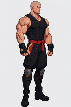 4K UHD illustration,  upscaled professional drawing,  athletic built male,  full_body image,  standing,  full_body white sleeveless bodysuit (:1.8), detdetailed bare muscular arms, black belt, black boots, detailed steel shin and wrist pads,  shaved head, handsome male focus,  unshaven,  stern expression,  bionic red eye (:1.9) arms by side, holding large knife, dynamic background,  300dpi,  upscaled,  masterpiece (:1.8) centered,  vibrant colours,  sharp focus ,mkscorpion
