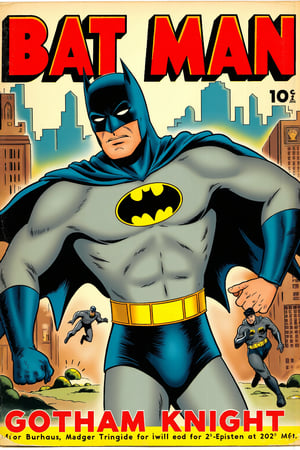 (comic cover :1.8) 1960s themed hero (comic book :1.3) big title: "Bat Man" (:1.9) bold 1940s comic style font (:1.7) subtite: " Gotham Knight " (:1.5) american male Batman (:1.9) detailed batman cowl (:1.6) male focus (:1.1) form fitting 40s batman theme, large yellow leather belt (:1.8) chaos city background (:1.9) running towards camera with police in pursuit (:1.8) fantasy comic (:1.8) comic art, 300dpi, upscaled 8K, masterpiece, finest quality art, perfect anatomy (:1.9) classic comic book cover focus, pants bulge (:1.9) perfeft anatomy 