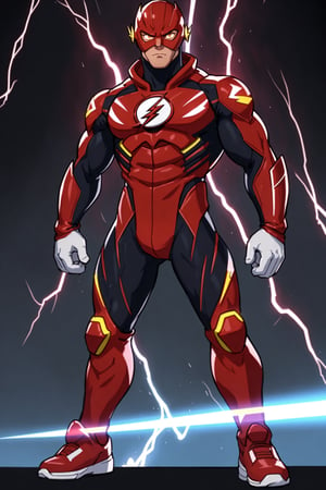 4K UHD illustration,  upscaled professional drawing HDR,  athletic built male,  full_body image,  standing,  detailed muscular arms,  stern expression,  intense white eyes,  form fitting tight red flash bodysuit, with lightning  inlays (:1.9) dynamic background, sharp focus,  300dpi, 
centred,  vibrant,  upscaled,  masterpiece  (:1.9)  detailed ,the flash suit,(1man)