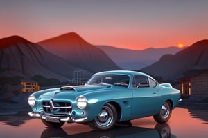 4K UHD illustration,  upscaled professional drawing HDR,  classic concept car, large wheels, detailed chrome rims, lowered, detailed concept bodykit, aggressive stance,  gloss light blue paint (reflection) (:1.8) tinted windows (:1.8), 1950 themed muscle car (:1.7) detailed cityscape backdrop,  sunset,  300dpi,  upscaled,  masterpiece (:1.8) vibrant,  centered,  sharp focus ,car