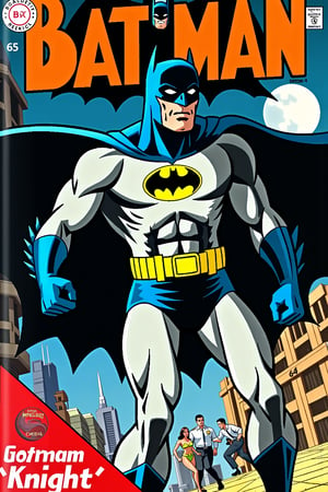 (comic cover :1.8) 1960s themed hero (comic book :1.3) big title: "BatMan" (:1.9) bold 1950s comic style font (:1.7) subtite: "Gotham Knight " (:1.5) hulking muscular male Batman (:1.9) detailed batman cowl (:1.6) male focus (:1.1) Mortal Kombat batman suit (:1.9) large yellow leather belt (:1.8) chaos city background (:1.9) running towards camera with police in pursuit (:1.8) fantasy comic (:1.8) comic art, 300dpi, upscaled 8K, masterpiece, finest quality art, perfect anatomy (:1.9) classic comic book cover focus (:1.9) perfeft anatomy, focus on themed costume from the Mortal Kombat game (:1.9) 