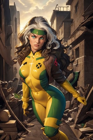 4K UHD illustration,  upscaled professional drawing HDR,  stunningly beautiful woman,  slim body,  full_body form fitting tight bodysuit yellow with green inlays (:1.7) intense blue eyes,  eyebrows visible through hair,  lomg wavy brunette hair with thick white streaks (:1.8) seductive expression,  slim attractive body, small_breast,  arms above head,  looking-into-camera,  long yellow boots (:1.6) standing_up,  legs_apart, dynamic lighting,  abandoned  mansion background,  300dpi,  upscaled,  masterpiece (:1.9) centered vibrant,  sharp focus ,CARTOON_X_MENs_Rogue