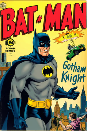 (comic cover :1.8) 1930s themed (comic book :1.9) in the style of Action Comics #1 big title: "Bat Man" (:1.9) bold 1930s comic style font (:1.7) subtite: " Gotham Knight " (:1.5) Batman (:1.9) detailed batman cowl (:1.6) male focus (:1.1) form fitting 30s batman theme, large yellow leather belt (:1.8) chaos city background (:1.9) lifting batmobile above head (:1.8) fantasy comic (:1.8) comic art, 300dpi, upscaled 8K, masterpiece, finest quality art, perfect anatomy (:1.9) classic comic book cover focus (:1.9) perfect anatomy 