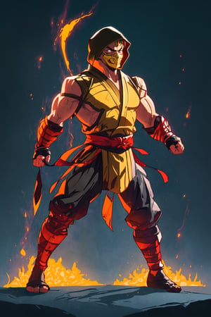 9K UHD illustration,  upscaled professional drawing HDR,  Scorpion from Mortal Kombat,  detailed yellow ninja costume,  bare muscular arms,  flames emanating from hands, battle stance,  perfect fists,  black hood costume,  yellow mortal kombat themed ninja mask,  masterpiece,  finest quality art,  300dpi,  centred,  full body image,  