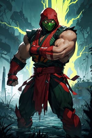 4K UHD illustration, upscaled professional drawing HDR, handsome man, male focus (:1.9) detailed costume, pectoral focus, real life, Ermac from Mortal Kombat, full-body_portrait, red ninja costume, muscular male, detailed muscular arms, dynamic torn red loincloth, standing, dynamic, eerie graveyard setting, fighting stance, perfect fists, thunderstorm atmosphere,  intense green eyes,  300dpi,  upscaled 8K,  masterpiece,  finest quality art,  perfect anatomy, focus on Ermac's red costume, with a red and white ninja mask and costume and green glowing eyes (:1.9) swamp background ,zscrp, swirling green smoke emanating from hands (:1.9) ,zrpt, thunder strike in background (:1.9) 