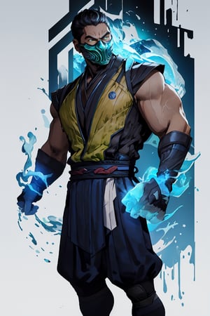 4K UHD illustration, upscaled professional drawing HDR, handsome man, pectoral focus, real life, full-body_portrait, perfect anatomy,  form fitting tight black bodysuit under blue mortal kombat ninja costume (:1.9) black hood, intense white eyes, stern expression, detailed muscular male arms, male focus, mortal kombat themed (blue) ninja mask (:1.9) blue loincloth over black pants, battle pose, 300dpi,  upscaled 8K, masterpiece, finest quality art,  blank background, focus on blue ninja costume, ERMAC from Mortal Kombat, ,zxsmk, swirling green smoke, grey skin tone ,(FlamePrincess),zbzr