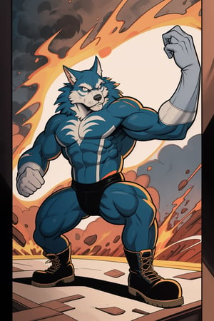 Athletic built, handsome werewolf male focus (:1.9) 4K UHD illustration,  full-body_portrait, dynamic fighting stance (:1.9) form fitting tight bodysuit, white with blue trim,  300dpi,  upscaled 8K,  masterpiece,  finest quality art,  stern expression, classic WWII background (:1.9) perfect anatomy,  intense white eyes,  (1man) classic boots, muscular male arms, battle damage costume 