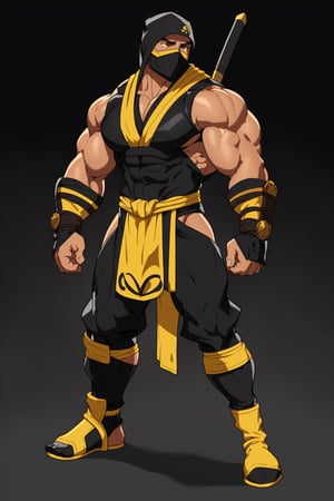 4K UHD illustration,  upscaled professional drawing HDR,  athletic built male,  full_body image,  form fitting black bodysuit under bright yellow ninja costume (:1.9) muscular male focus,  yellow wrist and shin pads (:1.8) stern , white eyew (:1.9) black pqnts, yellow sash and loincloth (:1.8) yellow ninja mask skull design (:1.8) battle stance , detailed dungeon environment,  smokey fantasy environment (:1.9) 300dpi,  upscaled 8K,  masterpiece (:1.8) sharp, finest quality 
(1man),mkscorpion