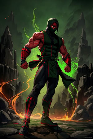 4K UHD illustration,  upscaled professional drawing HDR, athletic built male,  full_body image,  standing,  looking down at camera,  full length form fitting black bodysuit under RED ninja costume (:1.8) stern expression,  intense green glowing eyes (:1.9)   detailed muscular arms,  battle stance (:1.9) red loincloth,  black pants, red and black shin and wrist pads,  red ninja themed mask, swirling green dynamic background,  300dpi,  upscaled,  masterpiece,  finest quality art,  sharp focus,  centered  ,zrpt