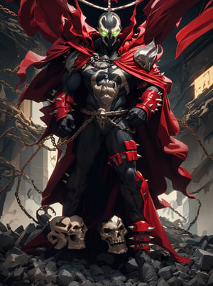 King spawn2023, demonic helmet, long red collar, red cowl, red cape, chains, skulls, glowing green eyes, red gauntlets, spikes, dramatic lighting, hyper realistic, raw image, 8k, muscular, uhd, best quality, award winning photo, rtx on, unreal engine 5, full body, wide angle shot, head to toe, gothic city, superhero pose, absurdres, long cape, large red boot, large gauntlet, flowing cape, round axe, asymmetrical red armor, 300dpi, upscaled 8K, masterpiece, finest quality art, perfect anatomy 
