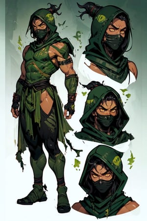 (male),  athletic built, tanned skin tone (:1.9) mature male figure wearing black hooded ninja gear (:1.9)  ninja, 1man, solo, legs parted, perfect claw  hands (:1.9)  mortal kombat themed ninja mask (:1.9) intense yellow eyes (:1.9 mismatched green and black costume, green torn loincloth (:1.9), black pants, green shin and wrist pads (:1.9) green reptilian ninja mask , black shoes, ninja mask (:1.9), solo, hand on hip (:1.9) ,more_details:-1, more_details:0, more_details:0.5, more_details:1, male focus more_details:1.5,(CHARACTERSHEET:1) (MULTIPLE VIEWS FULL BODY UPPER BODY REFERENCE SHEET:1),shadmanv1, stern expression (:1.9) 300dpi,  upscaled 8K,  masterpiece (:1.9) 