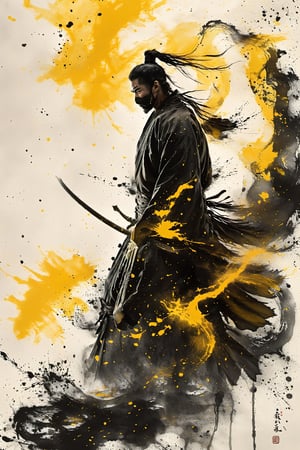 A lone figure stands tall on a serene white backdrop, cloaked in traditional Japanese attire. From the back, his katana glints in the soft light as he holds it at the ready. A vibrant yellow scarf flows dramatically down his back, contrasting with the solemnity of the scene. The surrounding tree serves as a subtle framing device, drawing attention to the mysterious warrior's imposing stance and majestic hakama, Scorpion from Mortal Kombat (:1.9) detailed yellow mortal kombat ninja mask (:1.1) 300dpi, upscaled 8K, masterpiece, finest quality art 