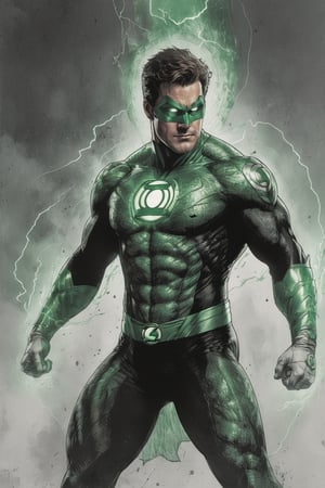 masterpiece, best quality, highly detailed, ultra-detailed, intricate), illustration, pastel colors, offcial art, realistic, eeire spectral lightning (thunder) surrounding body, smokey atmosphere 

DC Comics style, (Green Lantern :1.4), solo, (1 very strong muscle man) classic costume (wearing  green lantern costume :1.9) black pants (serious face), (full_body :1.9) intense glowing white eyes (:1.9) 

((ink: 1.2)), splash pen: 1.2, pen and ink sense: 1.3,
sideview, super detail face, comic book, enchanced_color, portraitart, 300dpi,  upscaled 8K, masterpiece, finest quality art, perfect hands