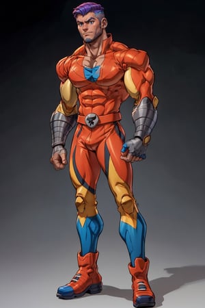 Anime style art, full-body_portrait,  athletic built male (:1.9) perfect anatomy, detailed muscular (boinic)  arms, steel forearms, glowing conduits,  pectorals, form fitting tight bodysuit (black with gold trim) shaved head, intense blue eyes, blank background (:1.9) boots, hands on hips (:1.9) 300dpi, upscaled 8K (1man),robotskin, focus on mechsuit buonic arm details (:1.9) wires and screws, robot themed eyes ,colossus x-men