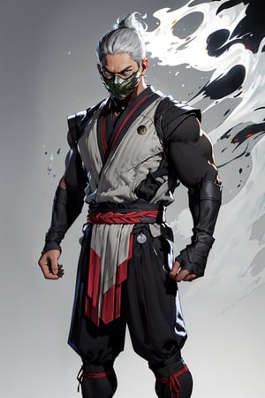 4K UHD illustration, upscaled professional drawing HDR, handsome man, pectoral focus, real life, full-body_portrait, perfect anatomy,  form fitting tight black bodysuit under grey mortal kombat ninja costume (:1.9) black hood, intense white eyes, stern expression, detailed muscular male arms, male focus, mortal kombat themed (silver) ninja mask (:1.9) grey loincloth over black pants, battle pose, 300dpi,  upscaled 8K, masterpiece, finest quality art,  blank background, focus on red ninja costume, ERMAC from Mortal Kombat, ,zxsmk, swirling green smoke, grey skin tone ,(FlamePrincess)