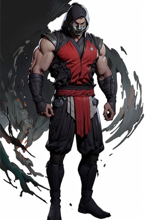 4K UHD illustration, upscaled professional drawing HDR, handsome man, pectoral focus, real life, full-body_portrait, perfect anatomy,  form fitting tight black bodysuit under RED mortal kombat ninja costume (:1.9) black hood, intense GREEN eyes, stern expression, detailed muscular male arms, male focus, mortal kombat themed (RED) ninja mask (:1.9) RED loincloth over black pants, battle pose, 300dpi,  upscaled 8K,  masterpiece,  finest quality art,  blank background, focus on red ninja costume, ERMAC from Mortal Kombat, ,zxsmk