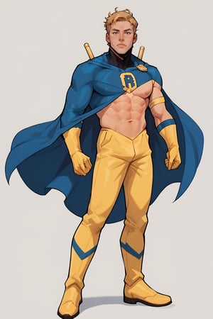 score_9,score_8_up,score_7_up,score_6_up, 1man, muscular male focus (:1.9) blue costume (:1.9) full body portrait, 300dpi, upscaled 8K, intense blue eyes, masterpiece, short blonde hair, finest quality art, perfect anatomy, perfect hands (:1.9) yellow full gloves (:1.9) and yellow boots (:1.9) sparks emanating from fists (:1.1) blank background, image (:1.9) focus on yellow suit (:1.9) muscular male arms, blue cape (:1.9)   