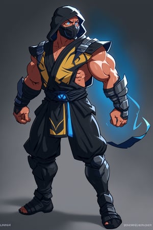 4K UHD illustration,  upscaled professional drawing HDR,  athletic built male,  full_body image,  standing,  looking-into-camera,  intense blue eyes, black form fitting hooded bodysuit under grey ninja costume (:1.9) black pants, grey loincloth (:1.7) grey wrist and shin 
pads,  mortal kombat detailed grey ninja mask (:1.8) dynamic background,  bioluminescent red lightning in background (:1.9)  300dpi,  upscaled,  masterpiece (:1.8) centered,  dynamic,  comic,  sharp focus ,mkscorpion,zscrp