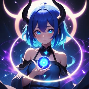 anime, 1girl, blue hair, horns, multicolored eyes, glowing, blue eye, purple eye, bare shoulders, demon eyes, magic circle, light particles, light rays, wallpaper, 8k, high resolution