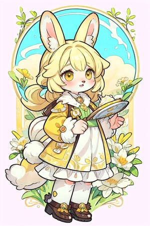 (furry girl:1.4), solo, (((fat))), (cream fur), brown eyes, yellow hair, straight hair, rabbit ears, 1910s clothes, fashion, chic, yellow dress, beautiful, (v:1.2), art nouveau,