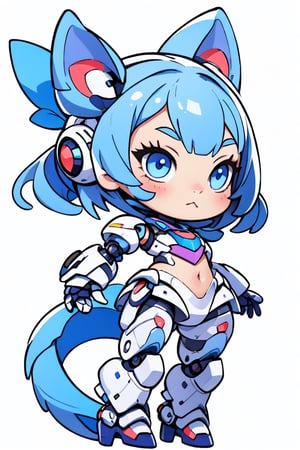 chibi girl, blue eyes, solo, robot, white background, tail, :3,3DMM