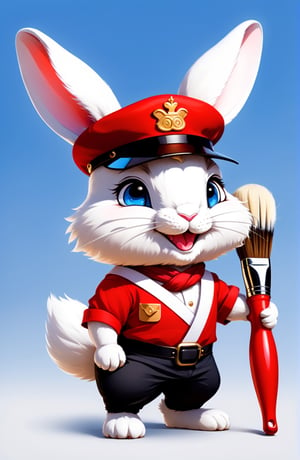 mascot painter, (white color rabbit), Black glasses, with an elegant smile, blue eyes, (with a red color painter's beret on his head), (a red scarf around the neck), (white painter's blouse), (with red apron with black straps+text:"Tensor"):1.2, ((hand1 holding a (technological brush)):1.2, ((hand2 holding a (technological color palette)):1.2, (Chibi style), animal,Steve Irwin Chibi, Masterpiece, (style anime), best quality, best details, hires, 16K