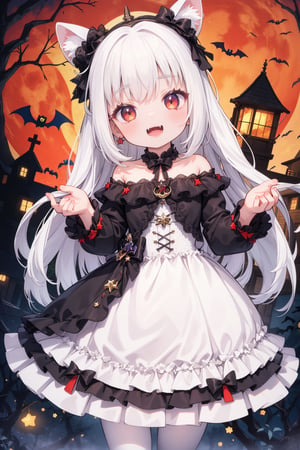 masterpiece, best qualty, incredibly absurdres, cute, 1girl, white hair, white eyes, halloween outfit dress, star ornament, forest, red moon, cute fangs, evil smile