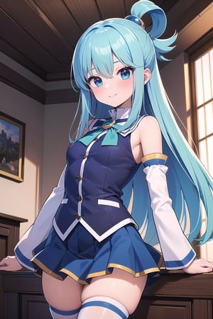 (masterpiece, best quality, glowing light, ultra detailed), high_resolution, perfect_eyes, perfect_anatomy, 

((1girl)), solo, front_view, standing, cowboy_shot, blue_hair, blue_eyes, very_long_hair, hair_ornament, smile, blue_skirt, thighhighs, blue_shirt, detached_sleeves, white_sleeves, thigh_boots, bow miniskirt, hair_rings, room, indoors, day,aqua