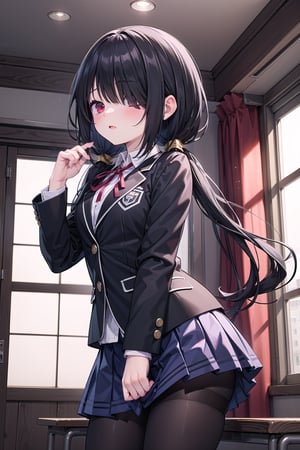 (masterpiece, best quality, glowing light, ultra detailed), high_resolution, perfect_eyes, perfect_anatomy, 

((1girl)), solo, front_view, standing, cowboy_shot, hair_over_one_eye, low_twintails, school_uniform, black_jacket, blue_skirt, neck_ribbon, hair_over_shoulder, black_pantyhose, embarassed, blush, black_hair, day, indoors, school,KurumiSchool, hair over one eye, low twintails,