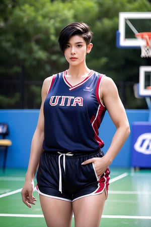 188cm tall,1girl, solo, (tomboy:1.2), walking, black hair, (very short hair, long sidelocks:1.2),strong manly arms,looking at viewer,(34 yo mature female body:1.45),(ultra huge breasts:1.6), closed mouth,basketball uniform, (17 yo uktra clean detailed cool girl face),no makeup,shorts, shirt, sleeveless,large breasts,outdoors, basketball court, court,   ,Tomboy,1boy