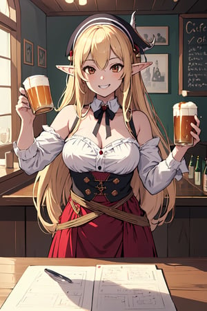 (masterpiece, best quality, highres:1.3), ultra resolution image, niji, sketch, manga, 1girl, upper body, holding_cup, beer, cafe, grin, very_long_hair, elf, pale_skin, pirates,masterpiece