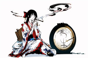 masterpiece, 1girl, oriental style, long hands,
(white background:1.5),
simple background,
mature female,
kimono,Holding a smoking pipe,
sitting,masterpiece,
line anime,