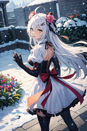 1girl, solo,upper body, fighting stance, from behind, garden, snowing, amber eyes, lace trim, frills, gloves, neck ribbon, hair ornament, very long hair, long hair, white hair, ahoge, boots, beautiful gown, long sleeves, hair between eyes, flower, hair ribbon, high quality, thighhighs, dress, ribbon, Medium breasts,masterpiece