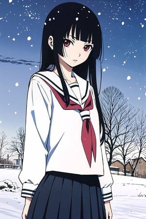 Enma Ai, 1girl, solo, school uniform, long hair, black hair, snow, serafuku, snowing, black serafuku, hime cut, scarecrow, 