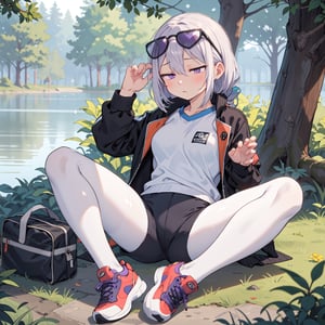 sitting by the lakeside in the heart of the forest,
spread legs,

gym_uniform,sportswear,sports coat,sneakers,
(sunglasses),

masterpiece, best quality, 1girl, official, black jacket, jacket on shoulders, shirt, shorts, pantyhose, eyewear on head, (expressionless:1.2), purple eyes, (empty eyes:1.2),
