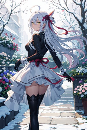 1girl, solo,upper body, fighting stance, from behind, garden, snowing, amber eyes, lace trim, frills, gloves, neck ribbon, hair ornament, very long hair, long hair, white hair, ahoge, boots, beautiful gown, long sleeves, hair between eyes, flower, hair ribbon, high quality, thighhighs, dress, ribbon, Medium breasts,masterpiece
