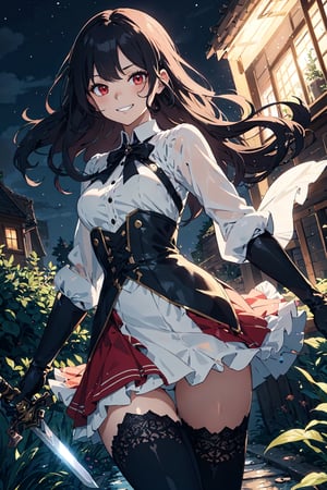 4k, high quality, masterpiece, beautiflu girl, (princess knight)++, black hair, red eyes, long sleeves, (holding western sword)++, rainny background, fantasy, impish grin, dutch angle, outside, nature, leaves in wind, white gloves, outdoors, not expression, wind+, thighhighs under boots, lace trim, ero, dress with slit, long hair, cool beauty, night background 