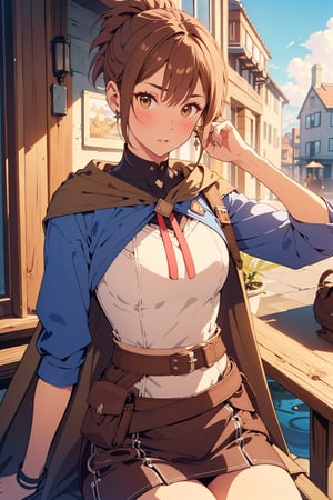 (masterpiece, best quality, ultra-detailed, 8K),High detailed, blush,slim waist,thic hips,pink lips,
dotamarci,marci,
bangs,brown hair,(brown eyes:1.5) ponytail,short ponytail, belt, cape, armor, cloak, pouch, brown belt, belt pouch, looking at viewer,outdoors,
satchel,
sitting on chair,