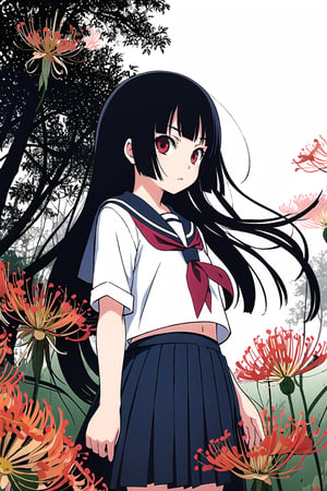 Enma Ai, 1girl, long hair, solo, flower, black hair, red eyes, spider lily, hime cut, school uniform, serafuku, black serafuku, skirt,looking at viewer,