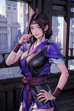 {best quality}, detail fingers,{{masterpiece}},illustration,portrait,solo,masterpiece,best quality,black hair,headband,japanese clothes,japanese armor,muneate,large_breast,incredibly absurdres,highres,high detail eyes,window,smile,indoors,bar,Samurai Warriors 5,
looking at viewer,
hand on hip,