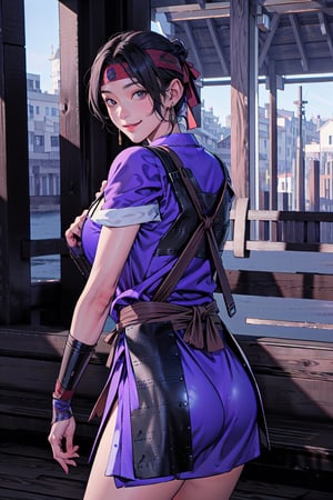 {best quality}, detail fingers,{{masterpiece}},illustration,portrait,solo,masterpiece,best quality,black hair,headband,japanese clothes,japanese armor,muneate,large_breast,incredibly absurdres,highres,high detail eyes,window,smile,indoors,bar,Samurai Warriors 5,
looking at viewer,
ass,from behind,